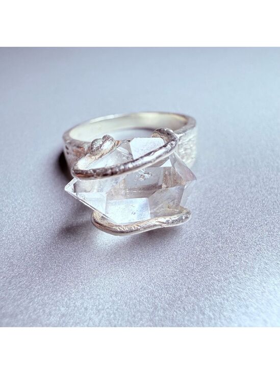 Jewelry - Artisan Brutalist Wire Wrap Rough Quartz Rock Crystal Sterling Silver 925 Ring